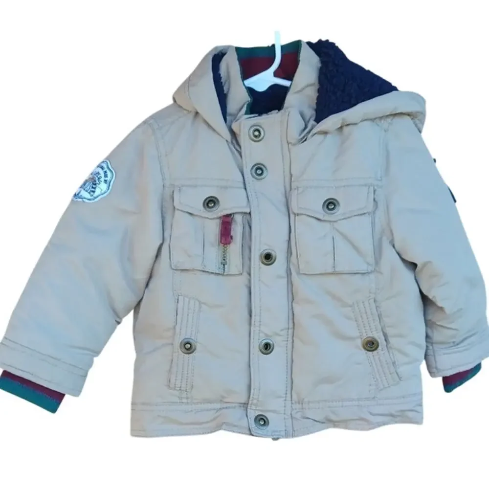 OshKosh B’gosh Boys 2T Beige Sherpa Lined Hooded Utility Jacket Coat
